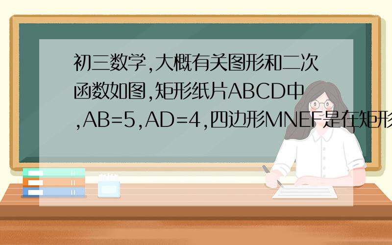 初三数学,大概有关图形和二次函数如图,矩形纸片ABCD中,AB=5,AD=4,四边形MNEF是在矩形纸片ABCD中裁剪出的一个正方形,你能否在该矩形中裁剪出一个面积最大的正方形?若能,请求出最大面积的正方