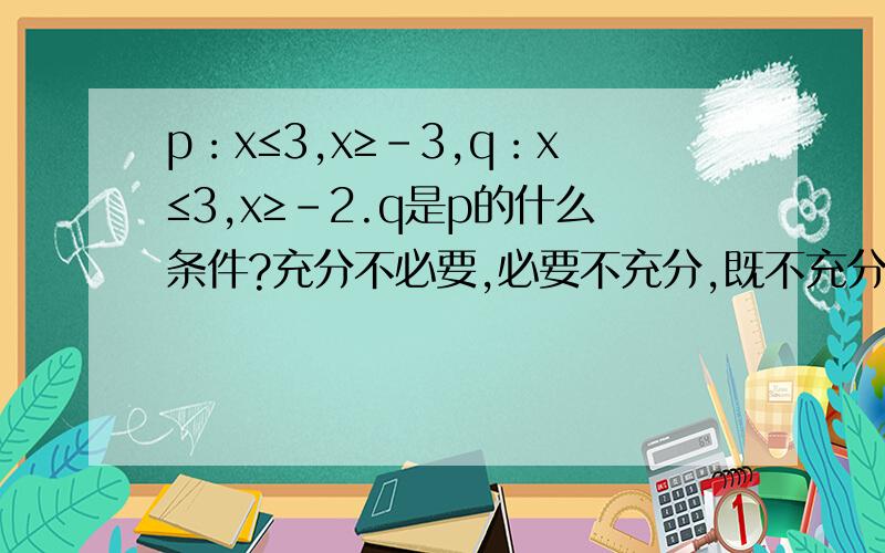 p：x≤3,x≥-3,q：x≤3,x≥-2.q是p的什么条件?充分不必要,必要不充分,既不充分也不必要...为什么不是必要不充分呢？p是q的，和q是p的有区别吗？