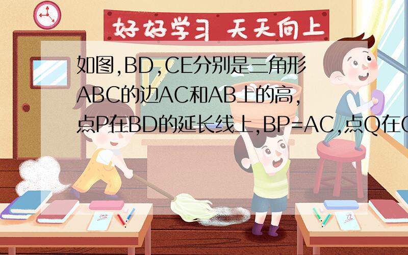 如图,BD,CE分别是三角形ABC的边AC和AB上的高,点P在BD的延长线上,BP=AC,点Q在CE上...如图,BD,CE分别是△ABC的边AC和AB上的高,点P在BD的延长线上,BP=AC,点Q在CE上（不是CE与BD的交点）,CQ=AB.求证：AP⊥AQ.