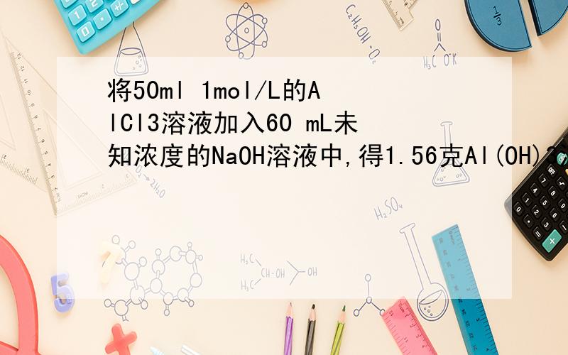 将50ml 1mol/L的AlCl3溶液加入60 mL未知浓度的NaOH溶液中,得1.56克Al(OH)3沉淀,求NaOH溶液的物质的量浓