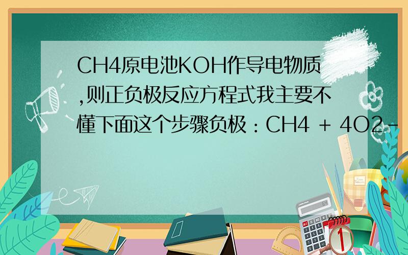 CH4原电池KOH作导电物质,则正负极反应方程式我主要不懂下面这个步骤负极：CH4 + 4O2- -8e- = CO2 + 2H2O酸性溶液中相应写成：CH4 + 2H2O - 8e- = CO2 + 8H+（方程式两边加H+和H2O来配平）在碱性溶液中相