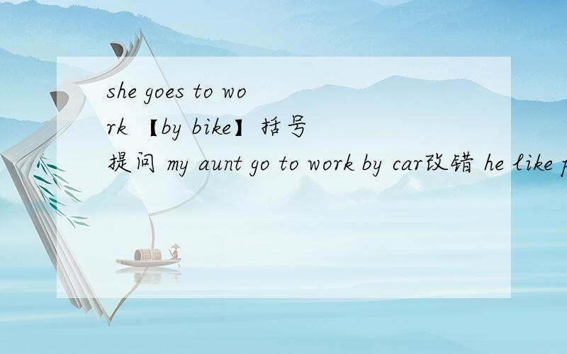 she goes to work 【by bike】括号提问 my aunt go to work by car改错 he like playing the violin改一般疑问句