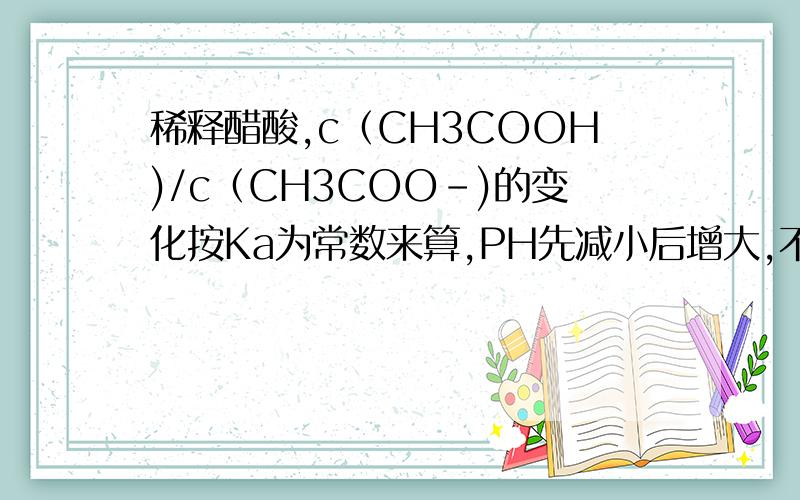 稀释醋酸,c（CH3COOH)/c（CH3COO-)的变化按Ka为常数来算,PH先减小后增大,不是应该先增大后减小么可是按浓度越大,电离度越小,不是应该减小么