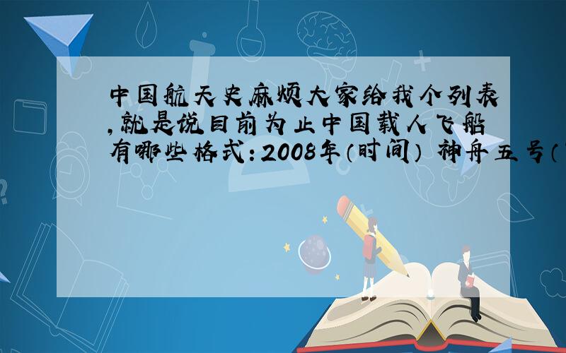 中国航天史麻烦大家给我个列表,就是说目前为止中国载人飞船有哪些格式：2008年（时间） 神舟五号（飞船名称） 杨利伟（航天员）………………一直到今年的,