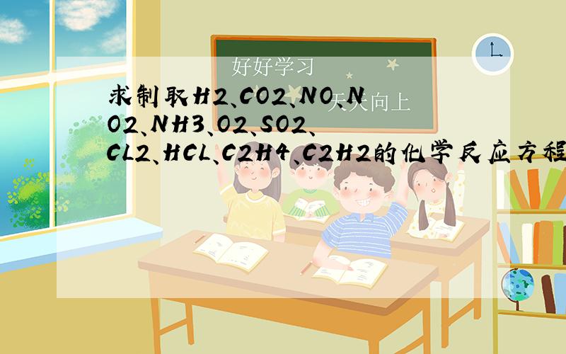 求制取H2、CO2、NO、NO2、NH3、O2、SO2、CL2、HCL、C2H4、C2H2的化学反应方程式