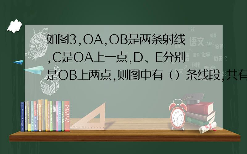 如图3,OA,OB是两条射线,C是OA上一点,D、E分别是OB上两点,则图中有（）条线段,共有（）条射线,共有（）个角