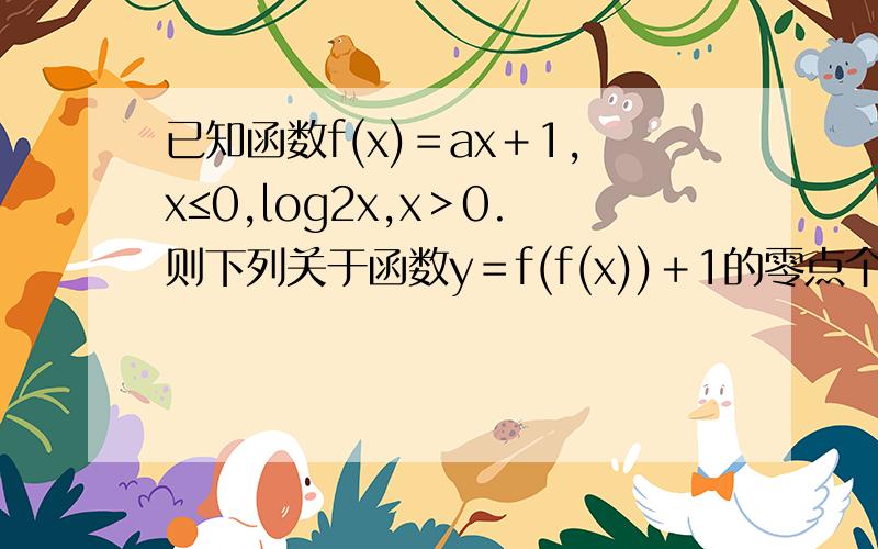 已知函数f(x)＝ax＋1,x≤0,log2x,x＞0.则下列关于函数y＝f(f(x))＋1的零点个数已知函数f(x)＝ax＋1,x≤0,log2x,x＞0.则下列关于函数y＝f(f(x))＋1的零点个数的判断正确的是（A）当a＞0时,有4个零点；当a
