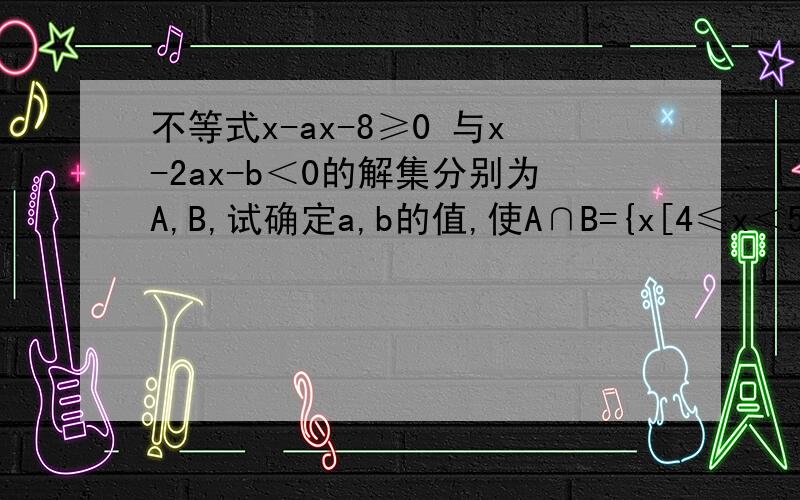 不等式x-ax-8≥0 与x-2ax-b＜0的解集分别为A,B,试确定a,b的值,使A∩B={x[4≤x＜5]},并求出A∪B