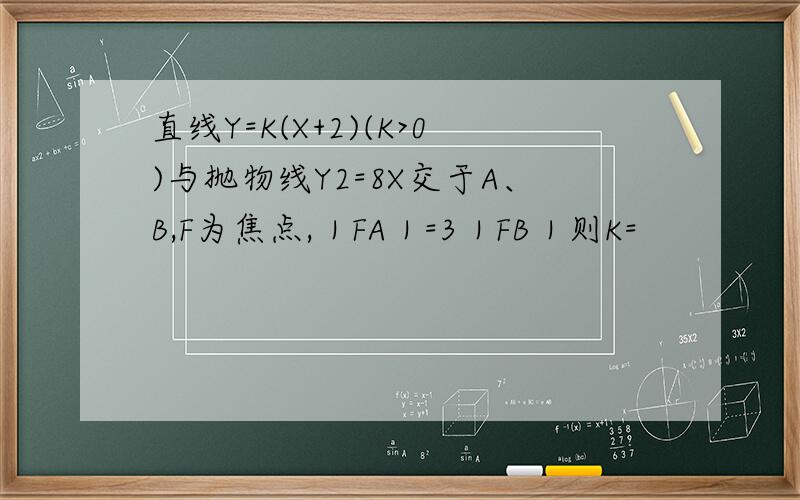 直线Y=K(X+2)(K>0)与抛物线Y2=8X交于A、B,F为焦点,｜FA｜=3｜FB｜则K=