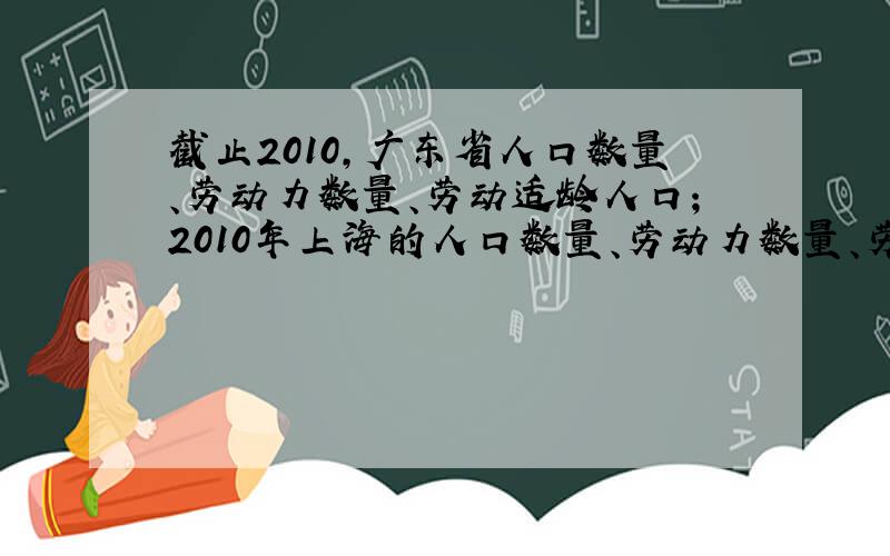 截止2010,广东省人口数量、劳动力数量、劳动适龄人口；2010年上海的人口数量、劳动力数量、劳动适龄人口再分析其原因,有满意档案的话还会加分.