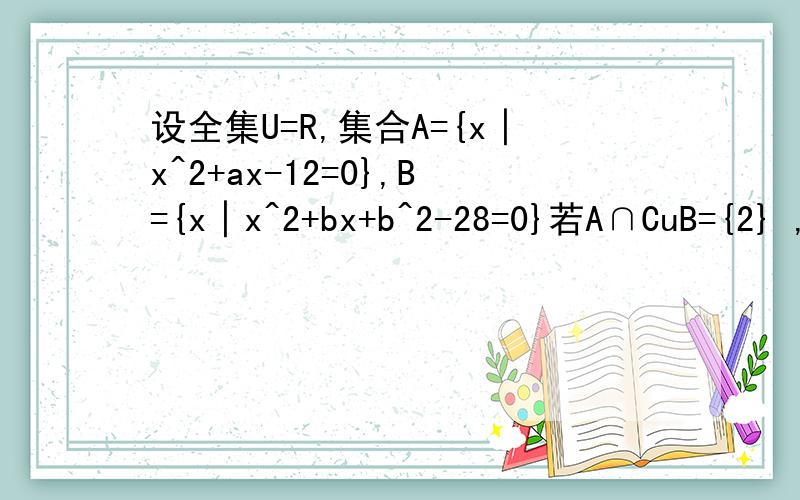 设全集U=R,集合A={x│x^2+ax-12=0},B={x│x^2+bx+b^2-28=0}若A∩CuB={2} ,求实数a,b的值.x^2 是指 x的2次方 a^2 是a的2次方