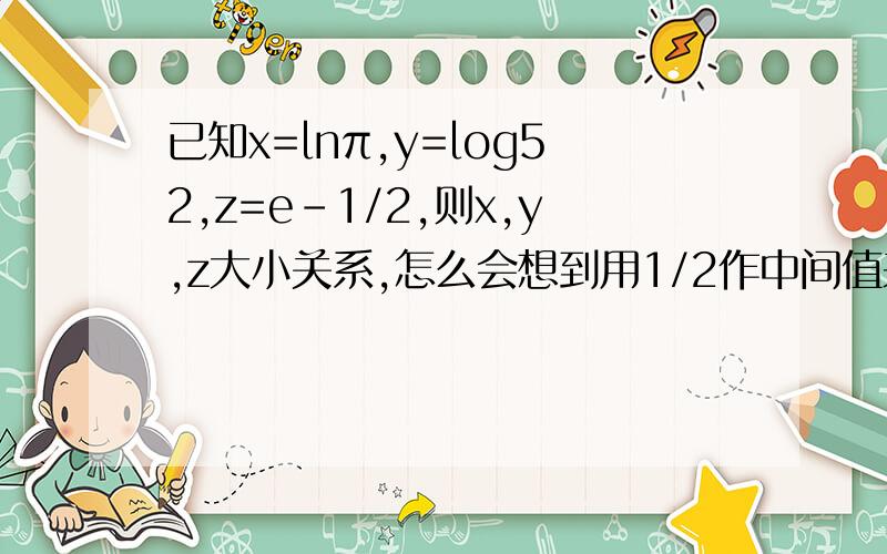 已知x=lnπ,y=log52,z=e-1/2,则x,y,z大小关系,怎么会想到用1/2作中间值来比较呢?