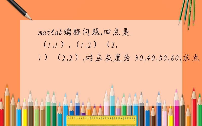 matlab编程问题,四点是（1,1）,（1,2）（2,1）（2,2）,对应灰度为 30,40,50,60,求点（a,b)的灰度值,a,b在1到2之间,要用三次样条插值和拉格朗日插值两种插值法来做,求大神给出程序,