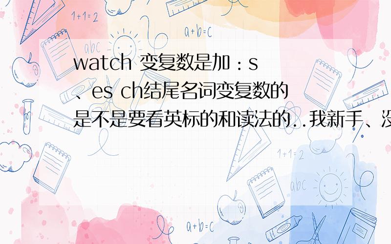 watch 变复数是加：s 、es ch结尾名词变复数的是不是要看英标的和读法的..我新手、没有悬赏==