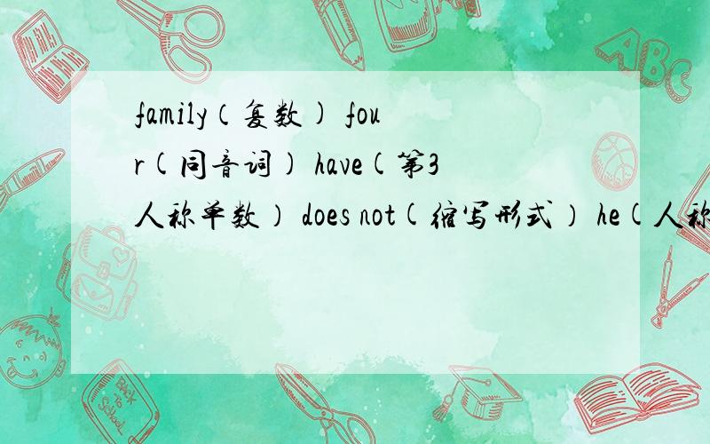 family（复数) four(同音词) have(第3人称单数） does not(缩写形式） he(人称代词宾格） she(复数形式）that（对应词）this is a tomato（改为复数形式）my father likes vegetables(改为否定句）he has some salad(