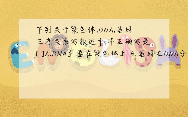 下列关于染色体,DNA,基因三者关系的叙述中,不正确的是[ ]A.DNA主要在染色体上 B.基因在DNA分子上C.一条染色体上有很多DNA分子 D.一个DNA分子上常有很多基因并要求