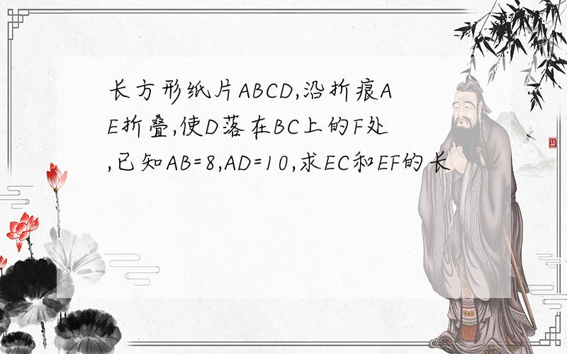 长方形纸片ABCD,沿折痕AE折叠,使D落在BC上的F处,已知AB=8,AD=10,求EC和EF的长