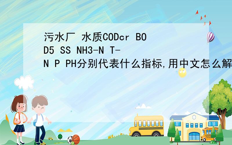 污水厂 水质CODcr BOD5 SS NH3-N T-N P PH分别代表什么指标,用中文怎么解释请各位排水行业的师傅帮忙