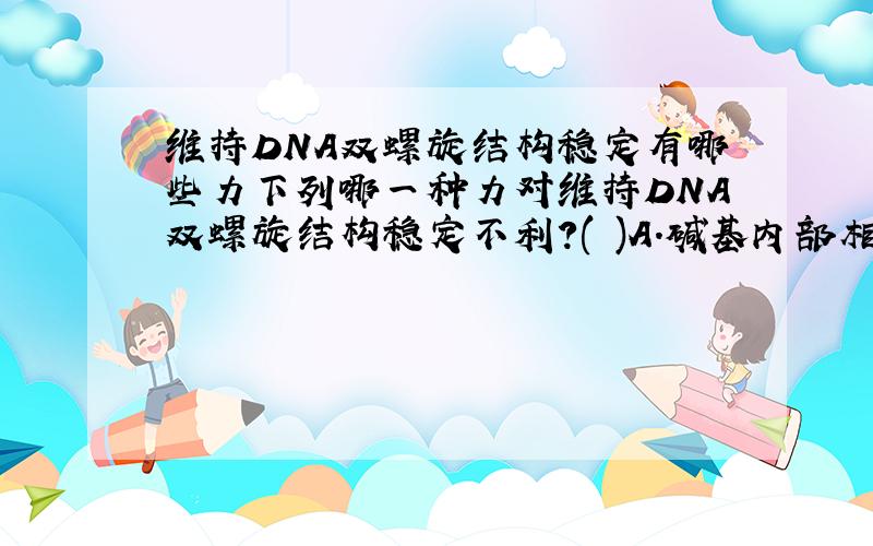 维持DNA双螺旋结构稳定有哪些力下列哪一种力对维持DNA双螺旋结构稳定不利?( )A．碱基内部相互堆积作用 B．分子疏水作用C．碱基对之间的氢键 D．离子(带电磷酸基)间的相互作用