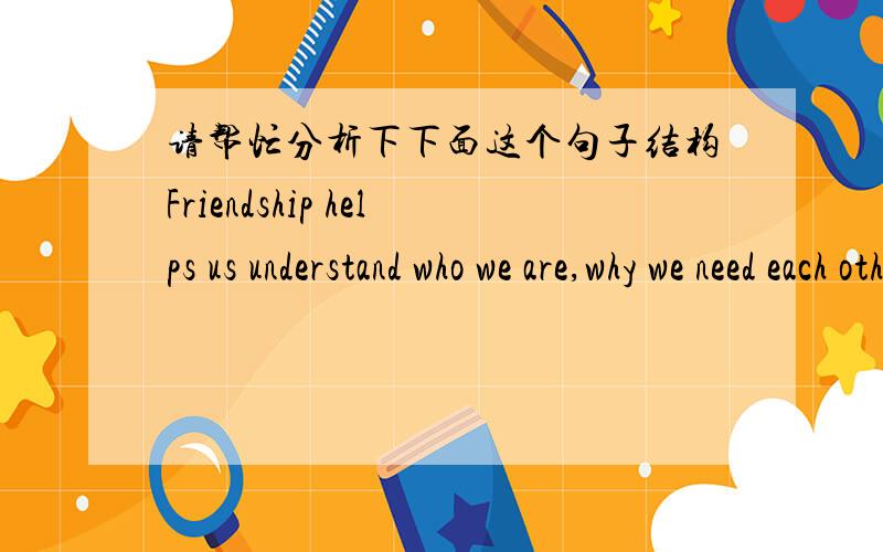 请帮忙分析下下面这个句子结构Friendship helps us understand who we are,why we need each other and what we can do for each other.