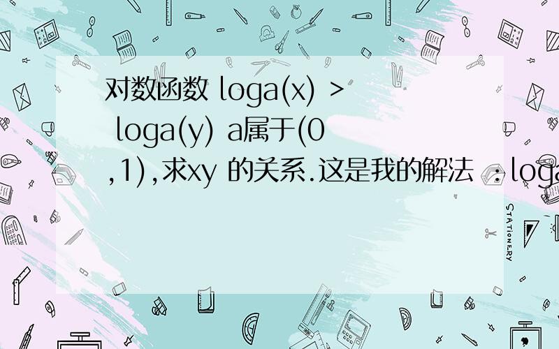 对数函数 loga(x) > loga(y) a属于(0,1),求xy 的关系.这是我的解法 ：loga(x)>loga(y) => In(x)/In(a) >In(y)/In(a)In(x)>In(y) ;那么 x >y >0