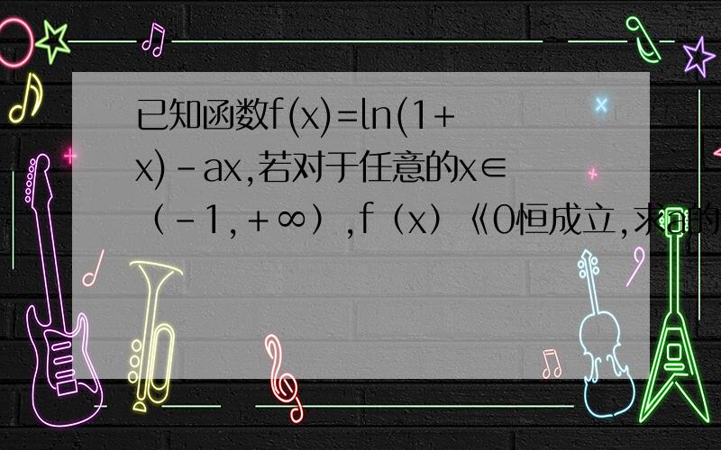 已知函数f(x)=ln(1+x)-ax,若对于任意的x∈（-1,＋∞）,f（x）《0恒成立,求a的值