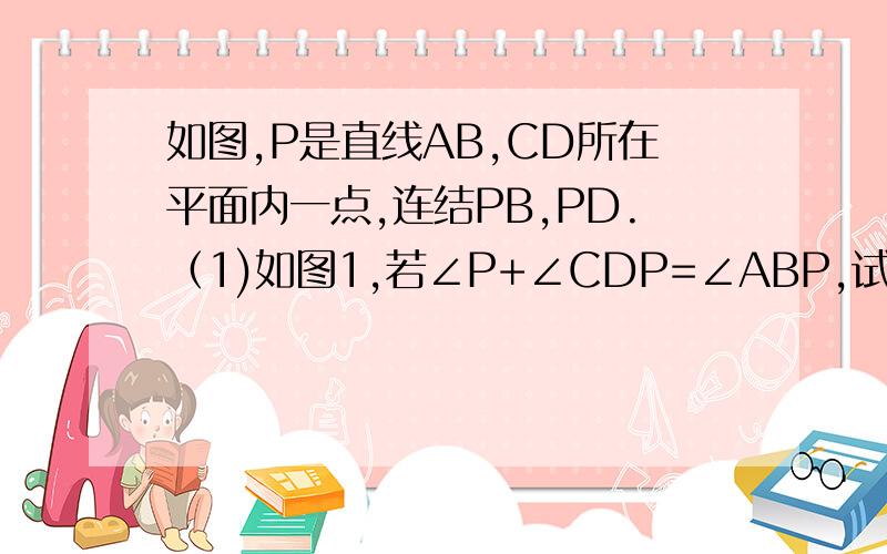 如图,P是直线AB,CD所在平面内一点,连结PB,PD.（1)如图1,若∠P+∠CDP=∠ABP,试说明AB‖CD （2）如图2,如图,P是直线AB,CD所在平面内一点,连结PB,PD.（1)如图1,若∠P+∠CDP=∠ABP,试说明AB‖CD（2）如图2,在