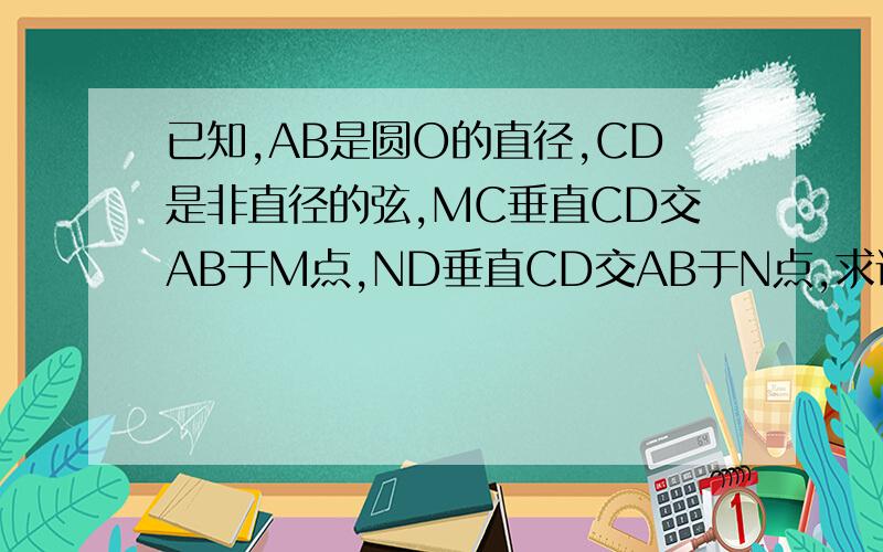已知,AB是圆O的直径,CD是非直径的弦,MC垂直CD交AB于M点,ND垂直CD交AB于N点,求证：AM=BN