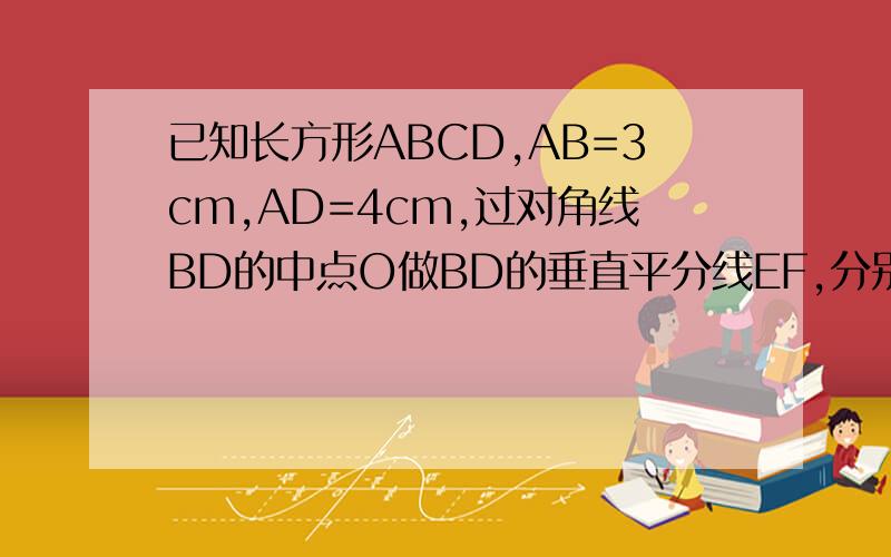 已知长方形ABCD,AB=3cm,AD=4cm,过对角线BD的中点O做BD的垂直平分线EF,分别交AD、BC于点E、F,则AE的长为_______________.