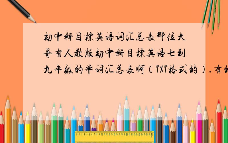 初中新目标英语词汇总表那位大哥有人教版初中新目标英语七到九年级的单词汇总表啊（TXT格式的）,有的话就请发到lingxiao.x@163.com