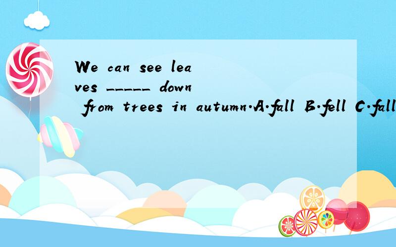 We can see leaves _____ down from trees in autumn.A.fall B.fell C.fallen D.falling