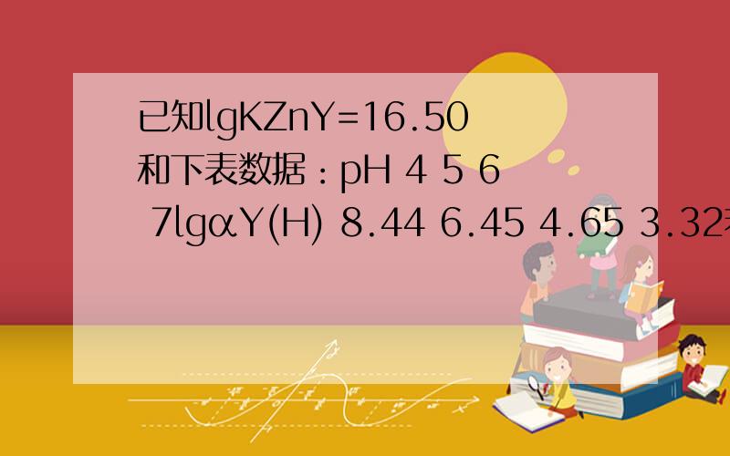 已知lgKZnY=16.50和下表数据：pH 4 5 6 7lgαY(H) 8.44 6.45 4.65 3.32若用0.01 mol/L EDTA滴定0.01 mol/LZn2+溶液,则滴定时最高允许酸度是 .a、pH≈4 b、pH≈5 c、pH≈6 d、pH≈7
