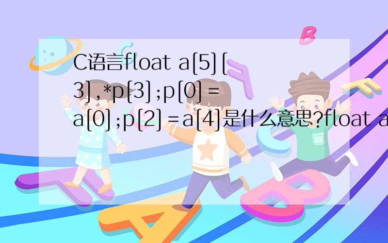 C语言float a[5][3],*p[3];p[0]＝a[0];p[2]＝a[4]是什么意思?float a[5][3],*p[3];p[0]＝a[0];p[2]＝a[4]是什么意思?