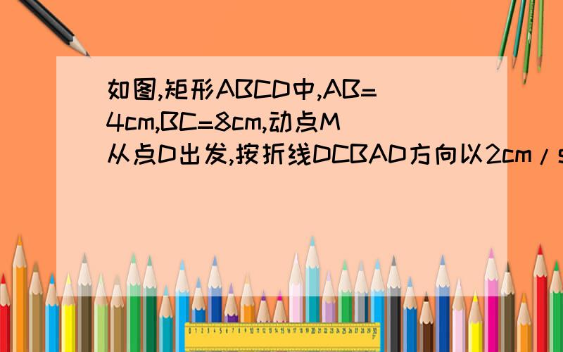 如图,矩形ABCD中,AB=4cm,BC=8cm,动点M从点D出发,按折线DCBAD方向以2cm/s的速度运动,动点N从点D出发,按折线DABCD方向以1cm/s的速度运动．（1）若动点M、N同时出发,经过几秒钟两点相遇?（2）若点E在线
