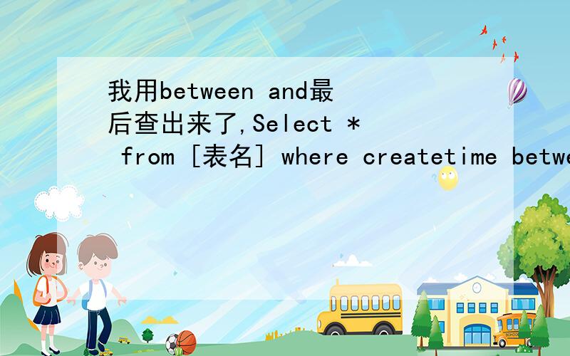我用between and最后查出来了,Select * from [表名] where createtime between '2011-1-17 00: