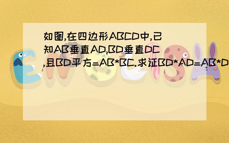 如图,在四边形ABCD中,已知AB垂直AD,BD垂直DC,且BD平方=AB*BC.求证BD*AD=AB*DC图差不多是这样
