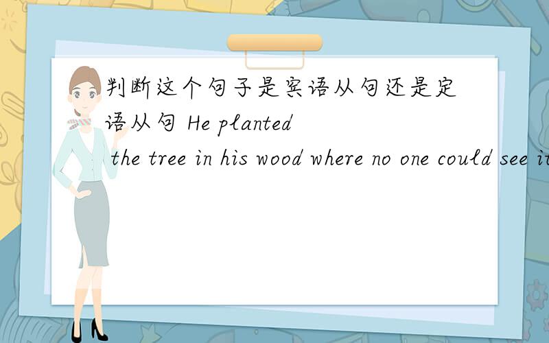 判断这个句子是宾语从句还是定语从句 He planted the tree in his wood where no one could see it