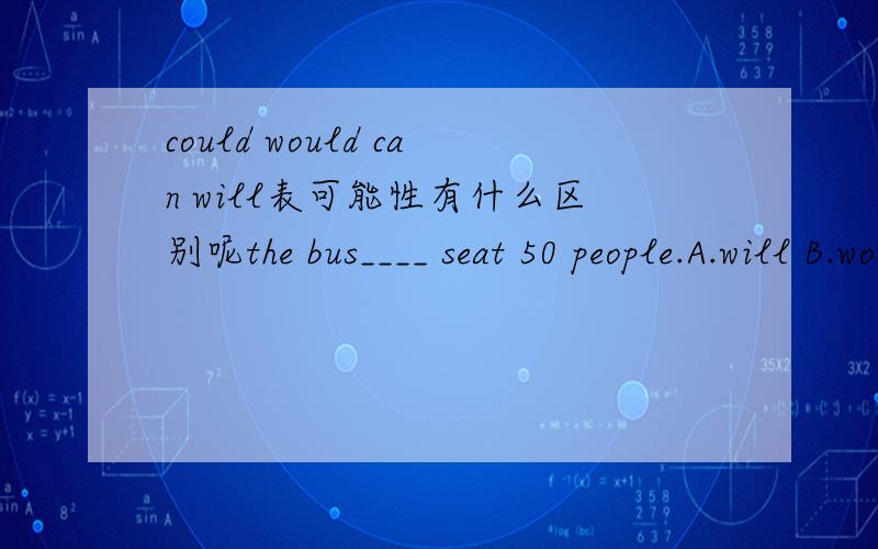 could would can will表可能性有什么区别呢the bus____ seat 50 people.A.will B.would C.could D.canwill和would不是也可以作为可能性吗，而且can好像不可以用于肯定句，如果用的话只能表示理论上的可能性，