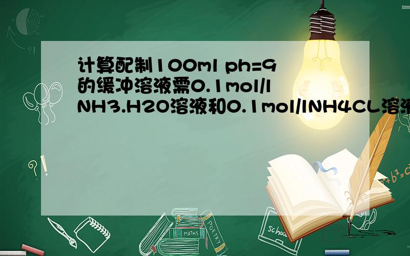 计算配制100ml ph=9的缓冲溶液需0.1mol/lNH3.H2O溶液和0.1mol/lNH4CL溶液的体积