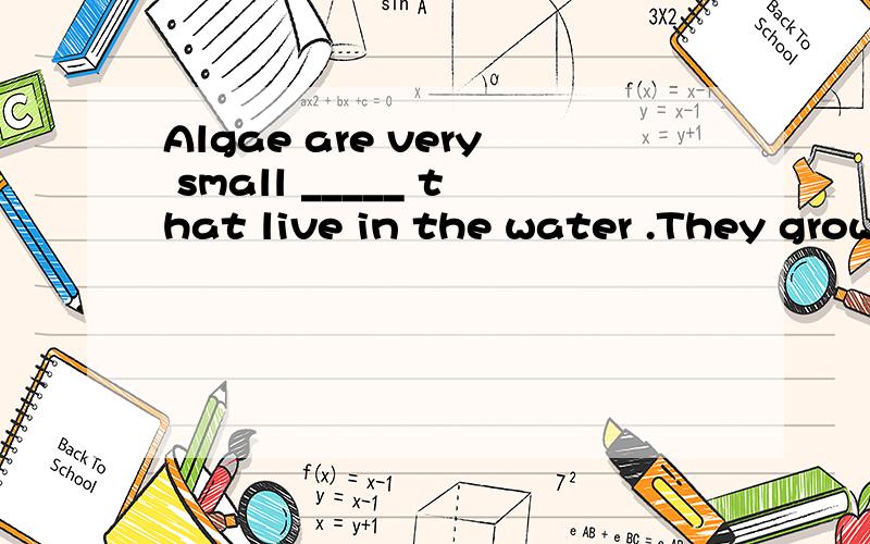 Algae are very small _____ that live in the water .They grow fast when the water is ___ and richAlgae are very small ____1_ that live in the water .They grow fast when the water is _2__ and rich in chemicals .1A treesB flowers C grassD plants2A hot B