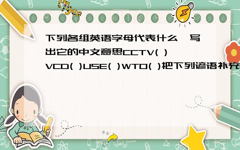 下列各组英语字母代表什么,写出它的中文意思CCTV( )VCD( )USE( )WTO( )把下列谚语补充完整锯绳木断,_____.孔夫子搬家,________.