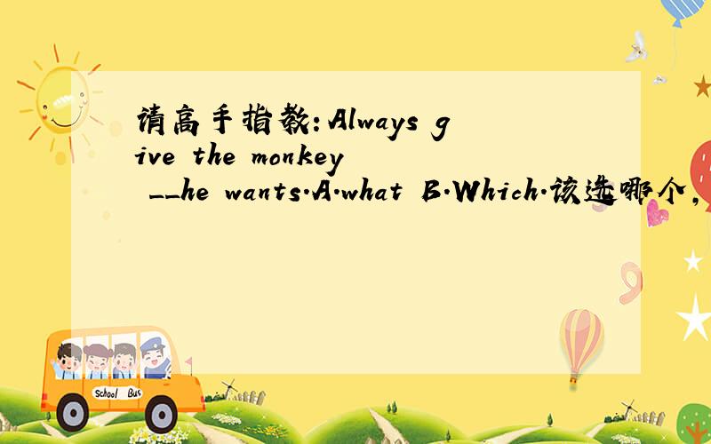 请高手指教：Always give the monkey __he wants.A.what B.Which.该选哪个,为什么?