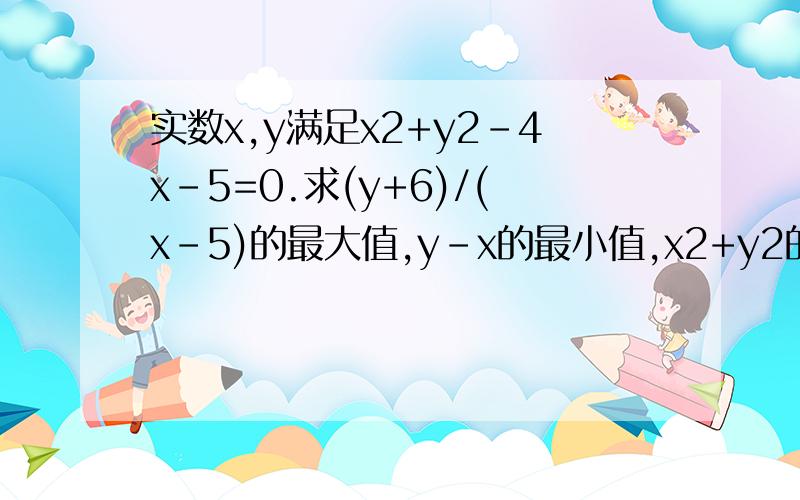 实数x,y满足x2+y2-4x-5=0.求(y+6)/(x-5)的最大值,y-x的最小值,x2+y2的最大值